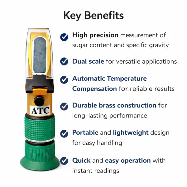 Premium ATC Brass Brix Refractometer – Handheld Sugar Tester for Juice , Wine & Beer