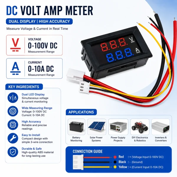 Digital DC Volt & Amp Meter 100V 10A Panel Mount Display