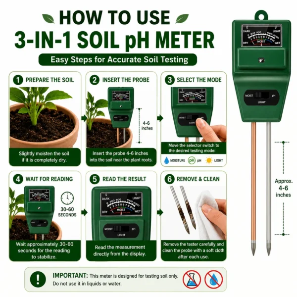 3-in-1 Soil pH Meter | Moisture & Light Tester for Plants