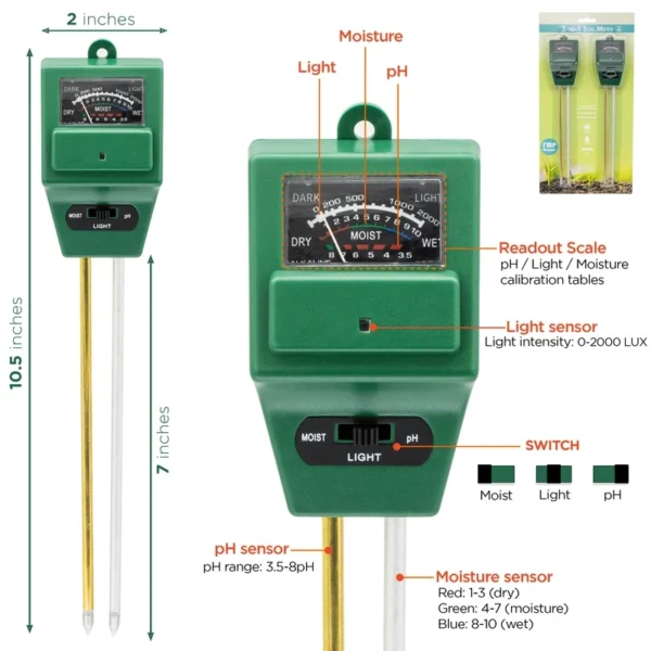 3-in-1 Soil pH Meter | Moisture & Light Tester for Plants