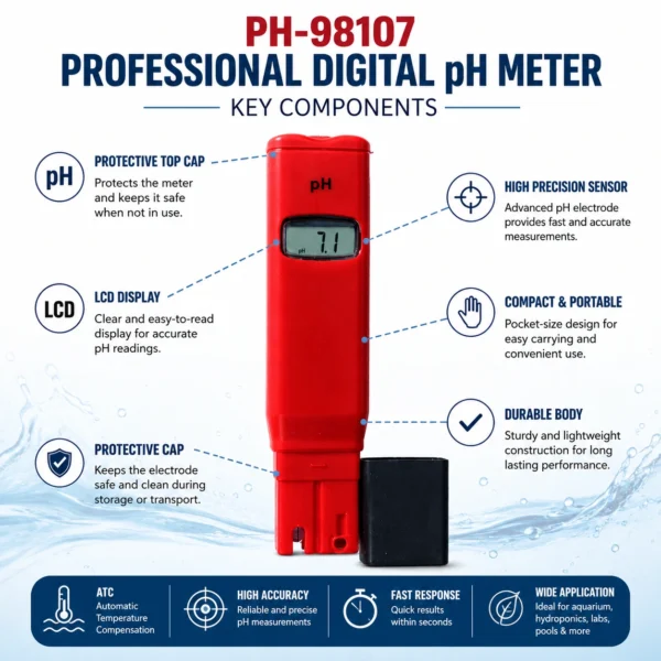 PH-98107 Professional Digital pH Meter | High Accuracy Water pH Tester with ATC